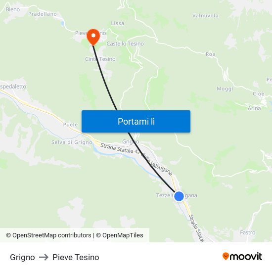 Grigno to Pieve Tesino map