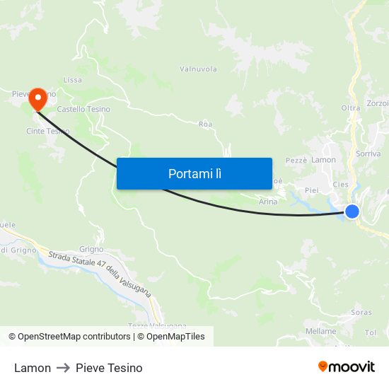 Lamon to Pieve Tesino map