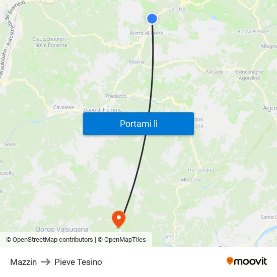 Mazzin to Pieve Tesino map