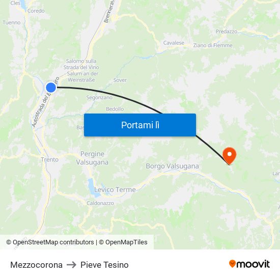Mezzocorona to Pieve Tesino map