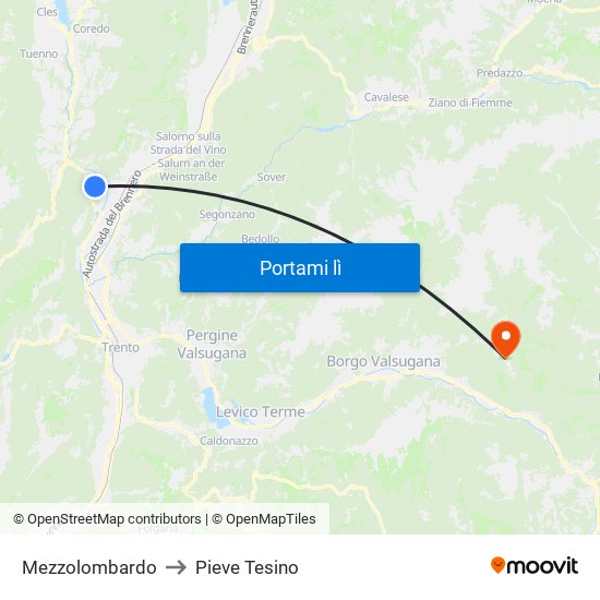 Mezzolombardo to Pieve Tesino map