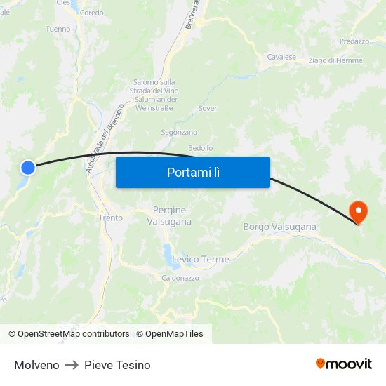 Molveno to Pieve Tesino map