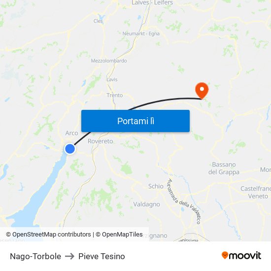 Nago-Torbole to Pieve Tesino map