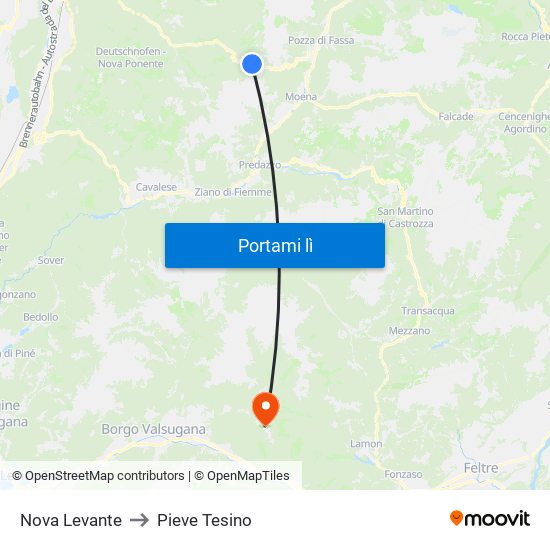 Nova Levante to Pieve Tesino map
