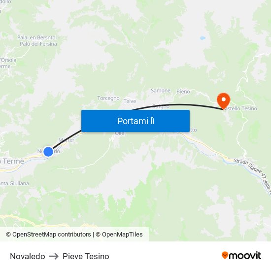 Novaledo to Pieve Tesino map