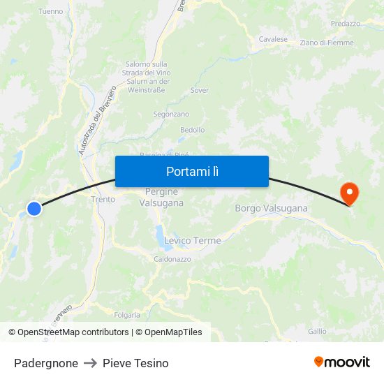 Padergnone to Pieve Tesino map