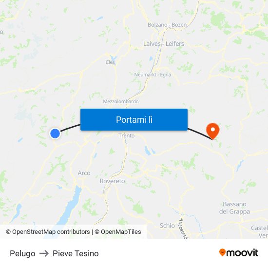 Pelugo to Pieve Tesino map