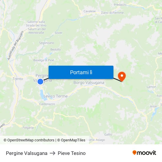 Pergine Valsugana to Pieve Tesino map
