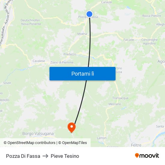Pozza Di Fassa to Pieve Tesino map