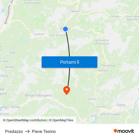 Predazzo to Pieve Tesino map
