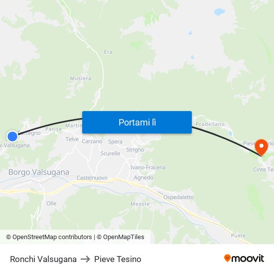 Ronchi Valsugana to Pieve Tesino map