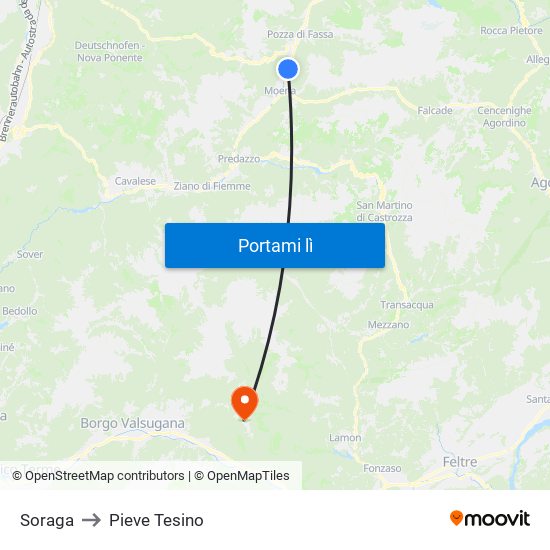 Soraga to Pieve Tesino map