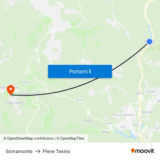 Sovramonte to Pieve Tesino map