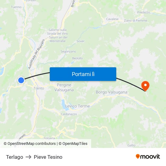 Terlago to Pieve Tesino map