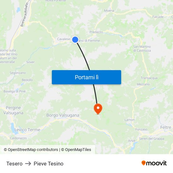 Tesero to Pieve Tesino map