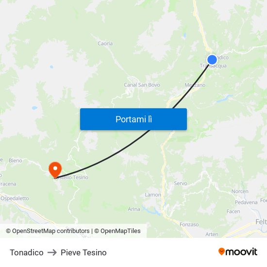 Tonadico to Pieve Tesino map