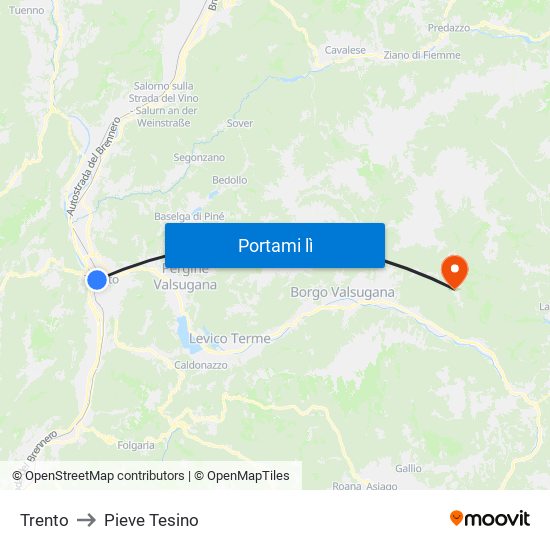 Trento to Pieve Tesino map