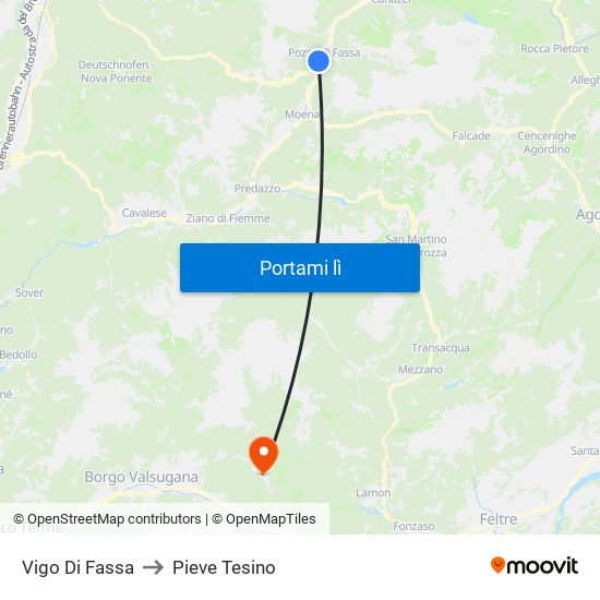 Vigo Di Fassa to Pieve Tesino map