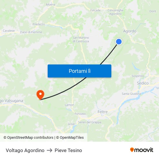 Voltago Agordino to Pieve Tesino map