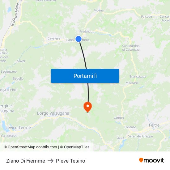 Ziano Di Fiemme to Pieve Tesino map