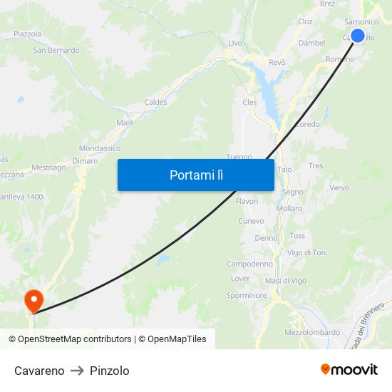 Cavareno to Pinzolo map