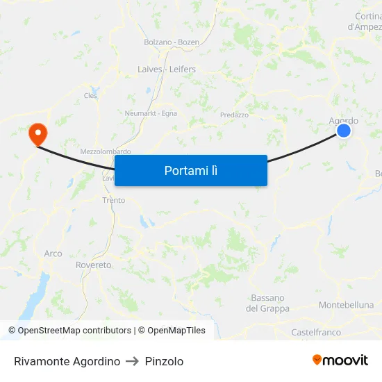 Rivamonte Agordino to Pinzolo map