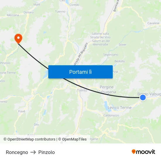 Roncegno to Pinzolo map