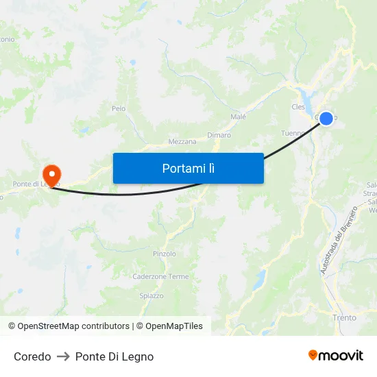 Coredo to Ponte Di Legno map
