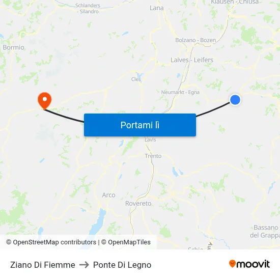 Ziano Di Fiemme to Ponte Di Legno map