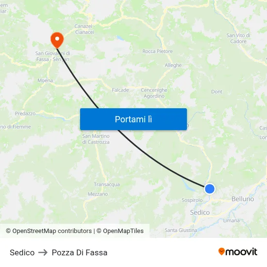 Sedico to Pozza Di Fassa map