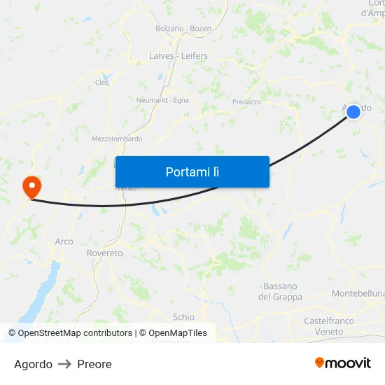 Agordo to Preore map