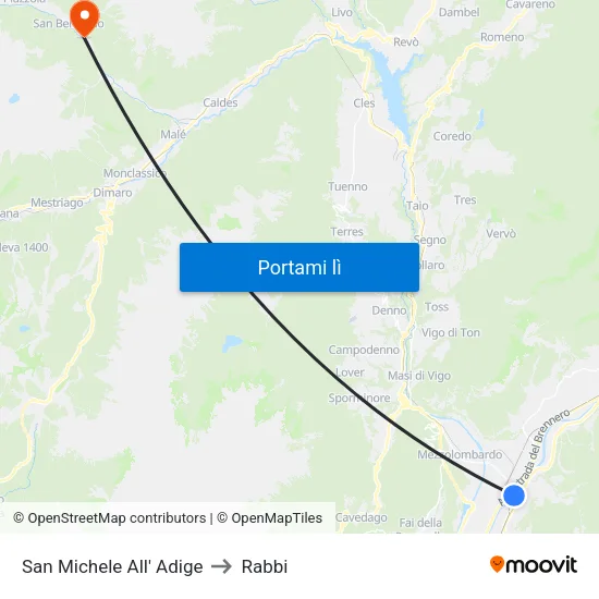 San Michele All' Adige to Rabbi map