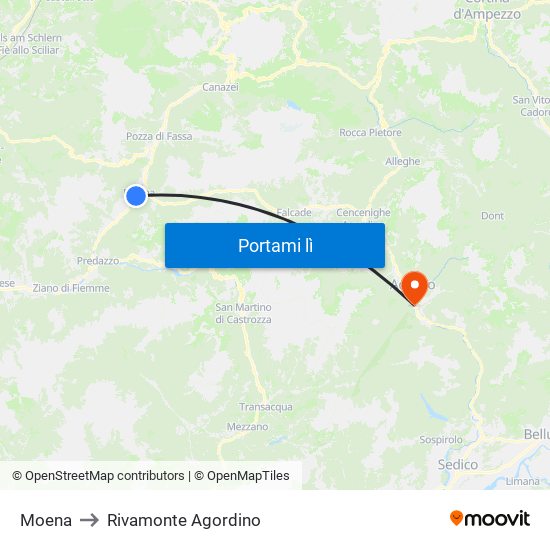 Moena to Rivamonte Agordino map