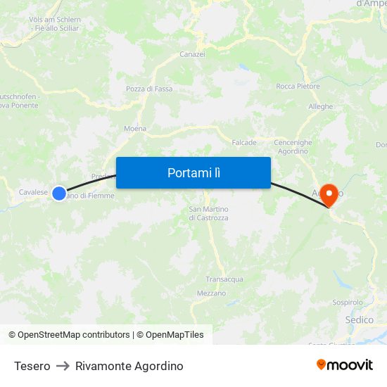 Tesero to Rivamonte Agordino map