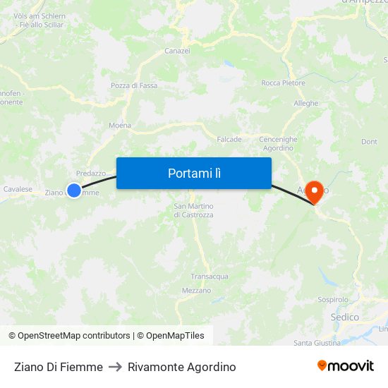 Ziano Di Fiemme to Rivamonte Agordino map