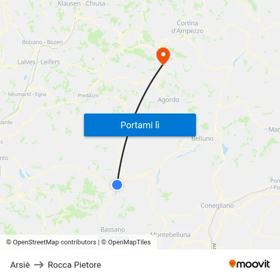 Arsiè to Rocca Pietore map