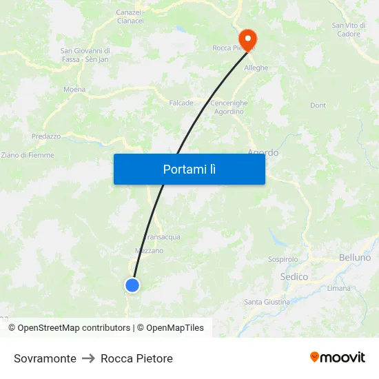 Sovramonte to Rocca Pietore map