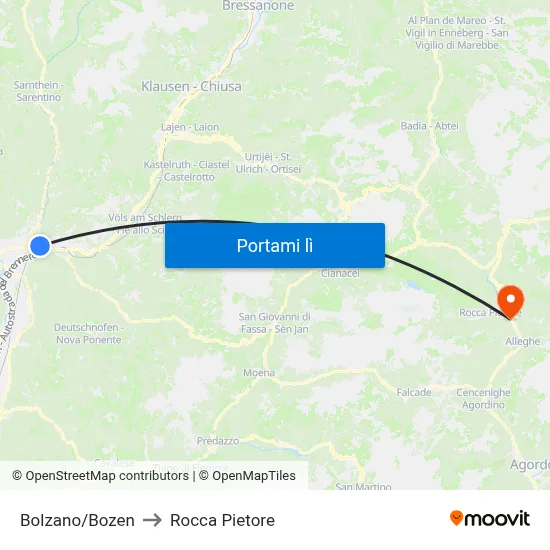 Bolzano/Bozen to Rocca Pietore map