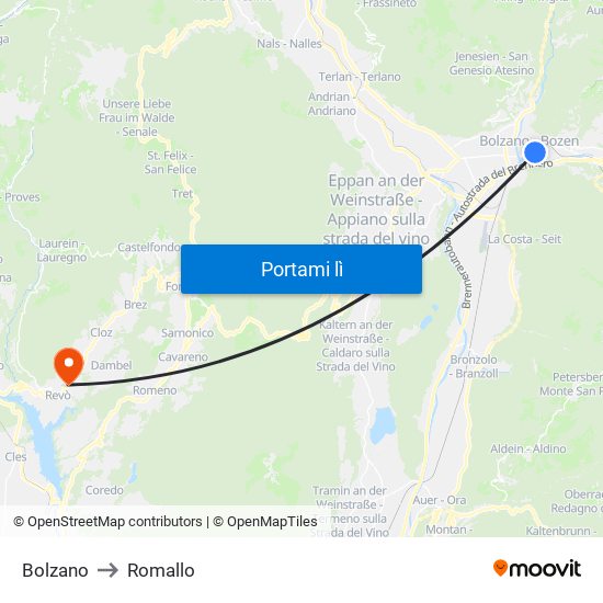 Bolzano to Romallo map