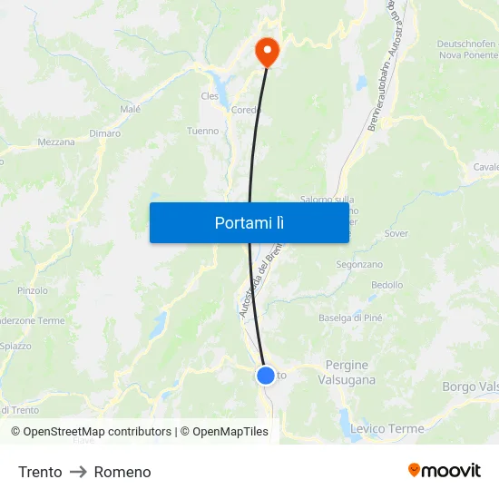 Trento to Romeno map