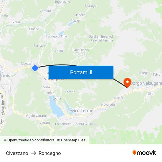 Civezzano to Roncegno map
