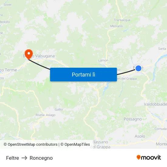 Feltre to Roncegno map