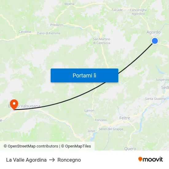La Valle Agordina to Roncegno map