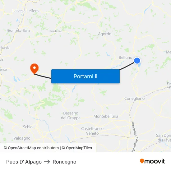 Puos D' Alpago to Roncegno map