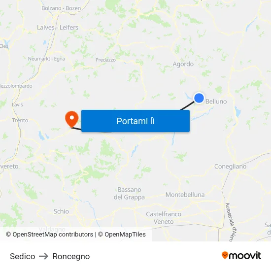 Sedico to Roncegno map