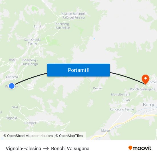 Vignola-Falesina to Ronchi Valsugana map