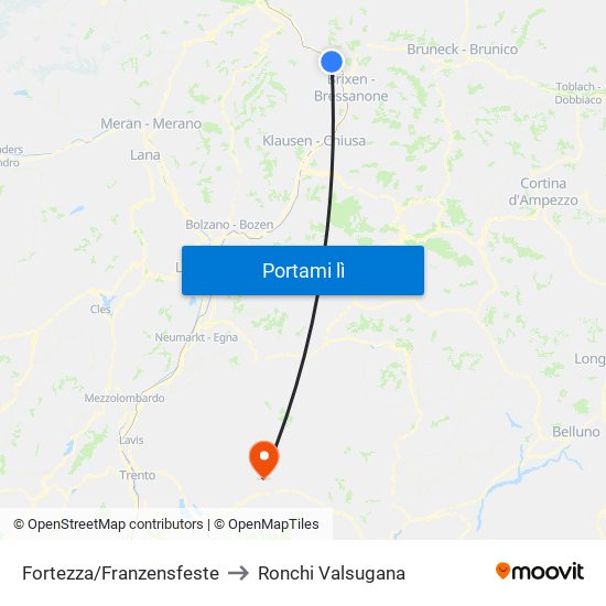 Fortezza/Franzensfeste to Ronchi Valsugana map