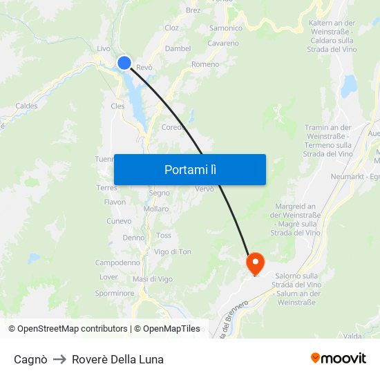 Cagnò to Roverè Della Luna map