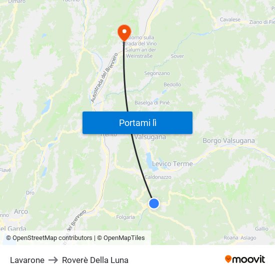 Lavarone to Roverè Della Luna map