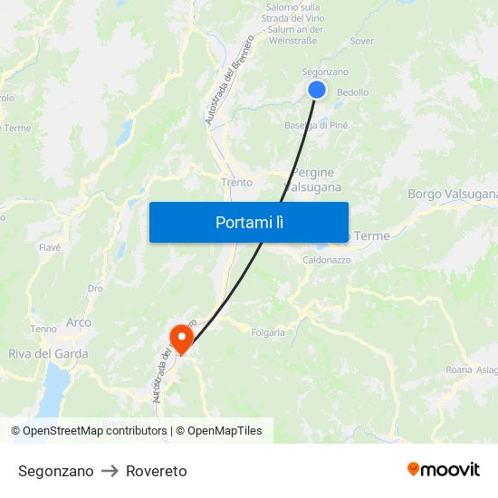 Segonzano to Rovereto map